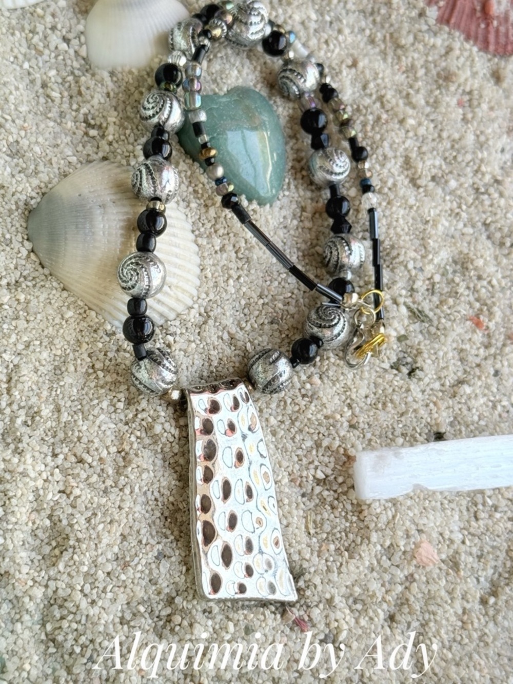 ONYX +Black and Silver Hammered Pendant Necklace